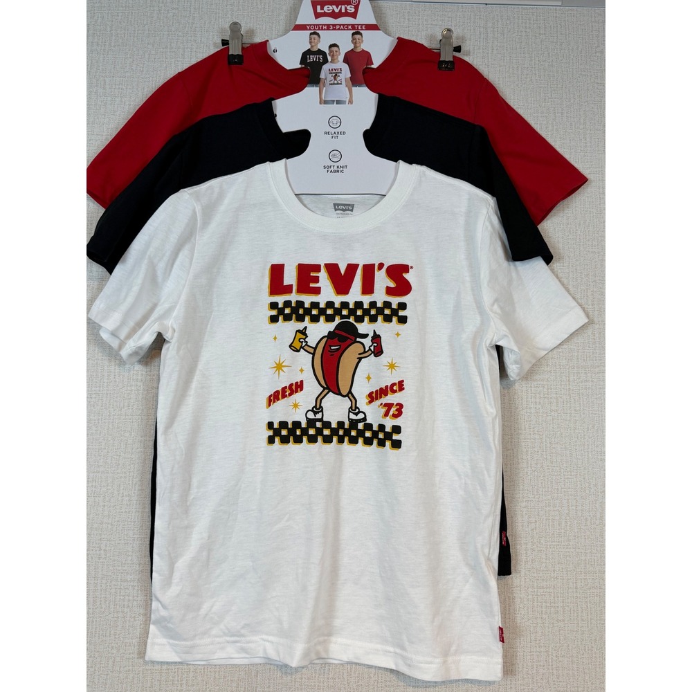 Levis‎ Youth 3-Pack Tee Relaxed Fit Hot Dog Graphic Black Red White Size M 10/12